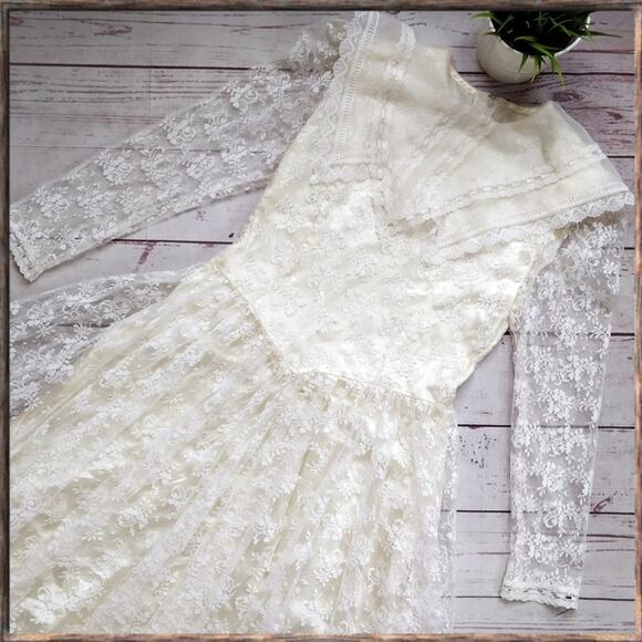 GUNNE SAX JESSICA MCCLINTOCK Vintage Cream Long Sleeve Midi Lace Dress vtg sz 12 - Picture 1 of 8